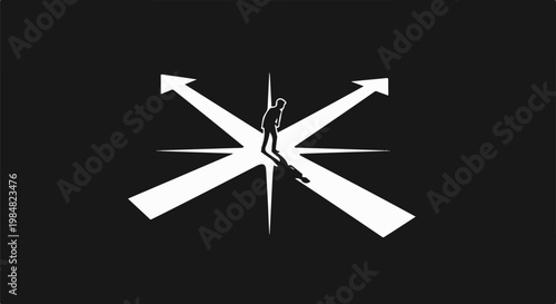 Silhouette of person at crossroads with illuminated directional arrows