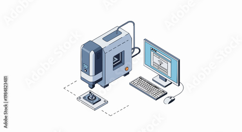 Isometric CNC Milling Machine and Computer Workstation Vector Illustration for Industrial Design, Rapid Prototyping, and Digital Fabrication