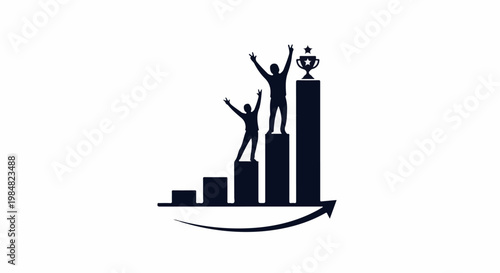 Silhouettes of two people celebrate on ascending bar graph with trophy