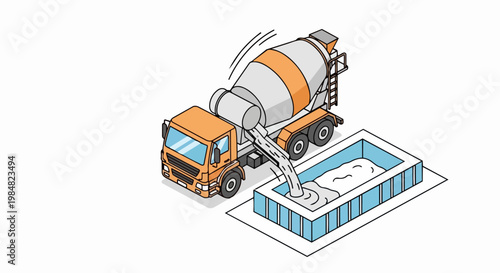 Isometric Illustration of a Concrete Mixer Truck Pouring Liquid Cement into a Foundation Mold
