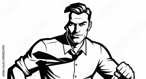 Stylized black and white illustration of a determined man in a collared shirt