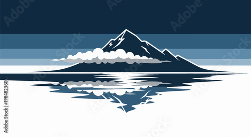 Stylized mountain peak reflected in water with layered sky backdrop