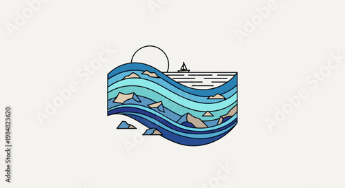 Stylized ocean waves with a sailboat under a sun