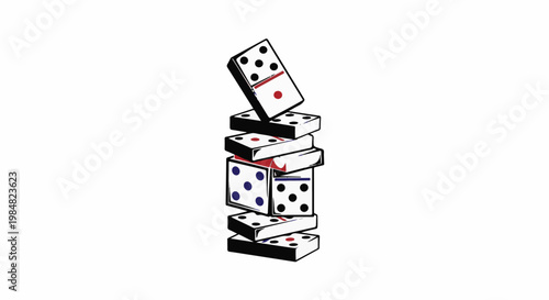 A precarious stack of illustrated dominoes, balanced on white