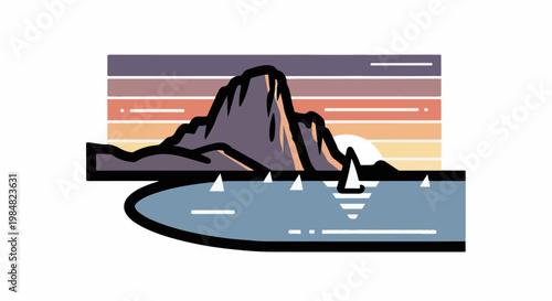 Stylized sunset over a mountainous island with sailboats on water