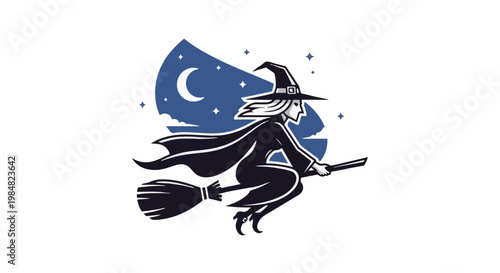Stylized witch on broomstick flying against night sky with moon