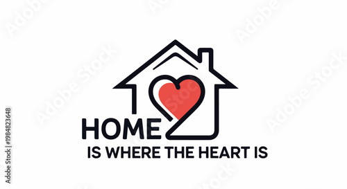House outline with red heart inside, and text "HOME IS WHERE THE HEART IS