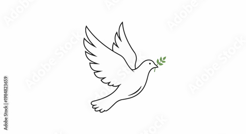 Simple line drawing of a white dove with a green sprig in its beak