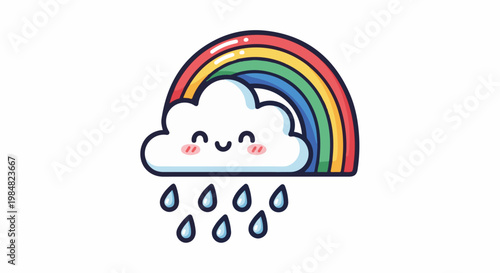 A smiling cloud with blush marks, under a colorful rainbow, shedding rain
