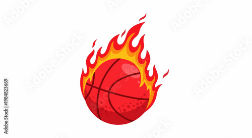 A red basketball engulfed in bright orange and yellow flames