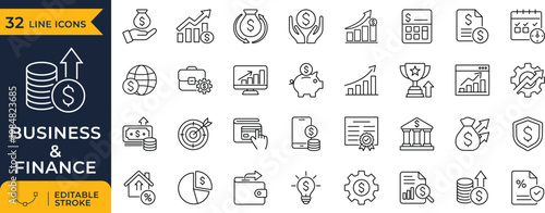 Finance business investment banking growth analytics outline icon set