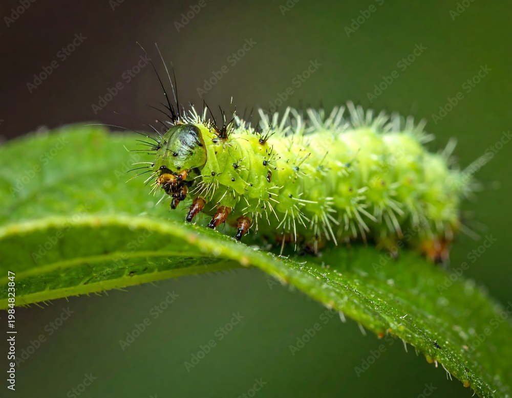 Fototapeta premium Closeup Fuzzy Green Caterpillar Crawling On A Leaf.