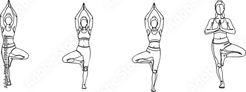 Vector illustration graphic featuring women in various tree yoga poses, promoting balance, wellness, and mindful fitness design.