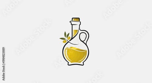 A stylized olive oil bottle with a sprig of olives and a cork stopper