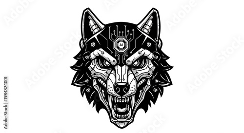 Ferocious Wolf Head Portrait Illustration In Monochrome.