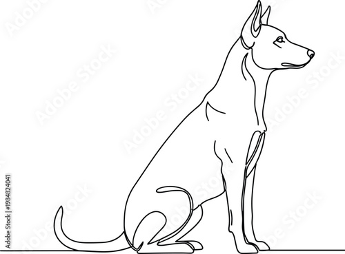 Minimalist one line drawing of a sitting Belgian Malinois dog profile vector illustration for modern pet logo design and home decor.