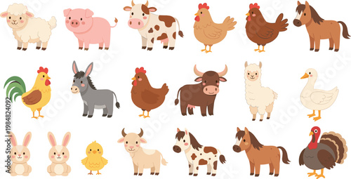 Farm animals cartoon vector set with cow chicken horse sheep pig duck and cute barnyard characters isolated