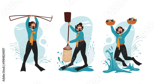 Three traditional korean women divers known as haenyeo are shown wearing wetsuits and masks while holding their harvesting equipment.