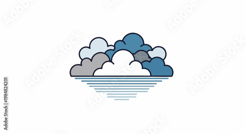Stylized clouds hover over rippling blue water lines