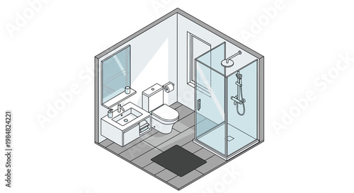 Modern isometric view of a clean bathroom interior featuring a glass shower stall, a white toilet, and a vanity sink with a large mirror.
