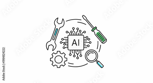AI chip surrounded by tools wrench, screwdriver, magnifier, gear