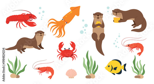 Colorful collection of various marine creatures including a lobster, squid, sea otters, a crab, fish, and shrimp swimming among seaweed.