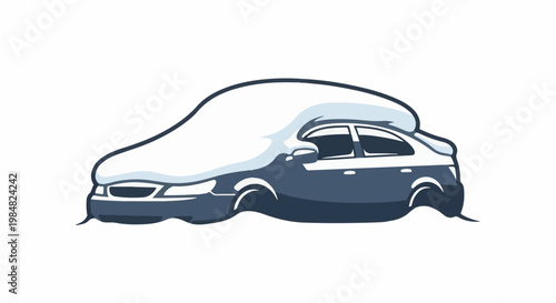 Car covered in snow, partially buried, isolated on white