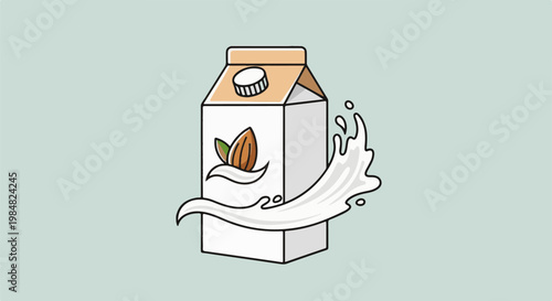 Carton of almond milk with splash and almond illustration