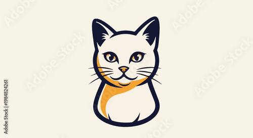 Stylized close-up head and shoulders of a white cat with orange and navy accents
