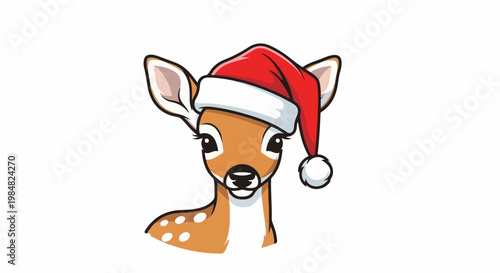 Cartoon fawn wearing a Santa hat, with a spotted body