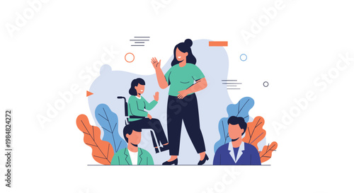 Diverse group of individuals including a person in a wheelchair engage in a social gathering focused on community inclusion and accessibility.
