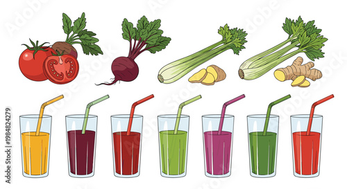 Selection of fresh organic vegetables and assorted healthy smoothies in glasses with straws to promote a balanced diet and wellness.