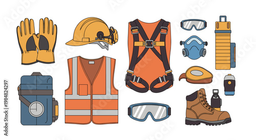 Comprehensive set of industrial safety equipment including respirators, harnesses, protective goggles, and footwear for hazardous work environments.