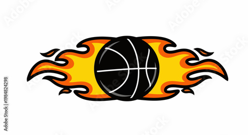 Black basketball with stylized flames on a white background