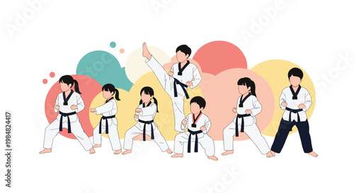 Group of active children in traditional white uniforms practice various taekwondo kicks and stances in a martial arts class for kids.