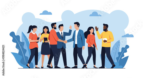 Group of diverse business professionals engage in a successful meeting with a firm handshake to symbolize partnership and corporate agreement.