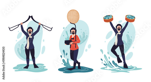 Traditional Jeju Haenyeo female divers in wetsuits and masks showcase their skills in harvesting seafood from the ocean in Korea.