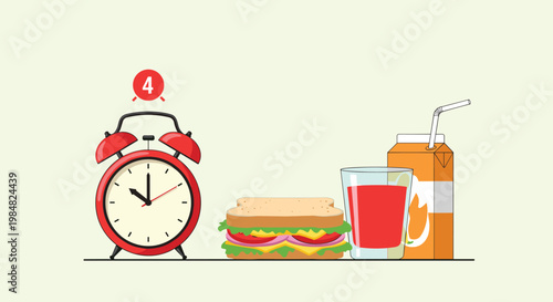 Healthy breakfast set including a fresh sandwich and fruit juice next to an alarm clock to emphasize a good morning routine.