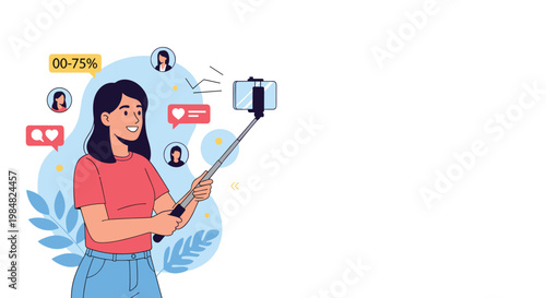 Young woman uses a selfie stick and her smartphone to take a photo of herself for her social media followers and blog.