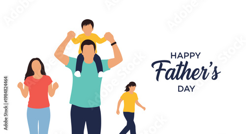 Happy family with a father carrying his son on his shoulders and a daughter walking nearby for a Happy Fathers Day celebration.