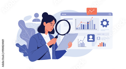 Professional female auditor uses a magnifying glass to inspect financial reports and business data charts for accuracy and quality.