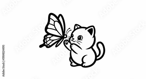 Cute cartoon kitten reaching out to a butterfly