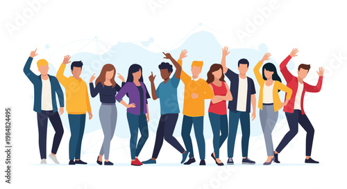 Large diverse group of young men and women standing together in casual clothing with friendly gestures against a soft abstract background.