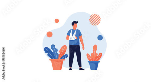 Man with a broken arm in a supportive sling stands between potted plants against an abstract blue and orange background.