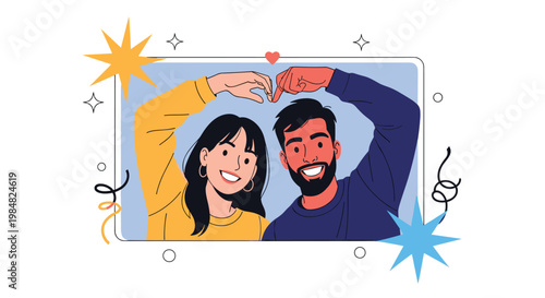 Happy young man and woman smiling at the camera while making a heart gesture with their hands framed by stars and ribbons.