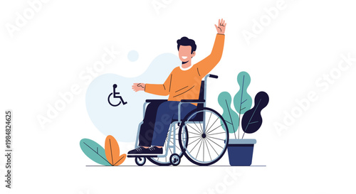 Happy man in a wheelchair raising his arm in celebration of independence or success in a bright and accessible indoor space.