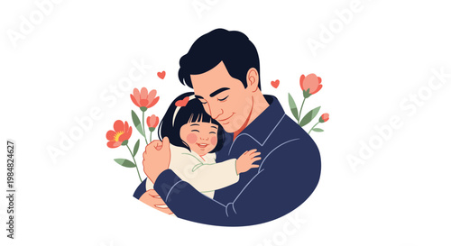 Tender moment between a father and his young daughter as they embrace closely surrounded by soft red roses and small hearts.