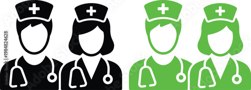 Medical professionals depicted with distinct color-coded uniforms and protective face masks