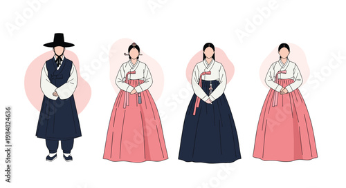 Group of people dressed in elegant traditional Korean hanbok showing different styles and colors for men and women of various status.
