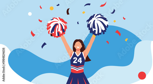 Energetic cheerleader in a blue uniform with the number 24 raises her pom-poms in celebration under a shower of confetti.